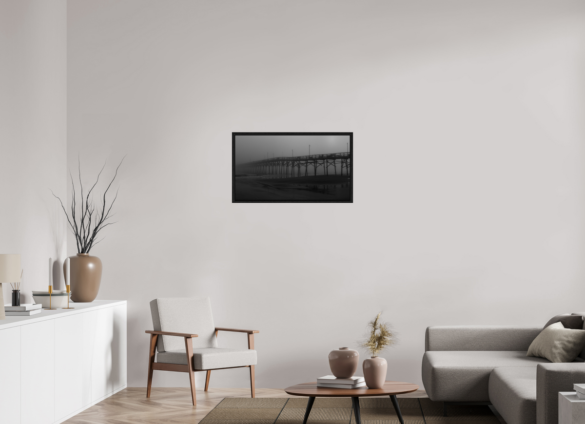 32 x 18″, Floater Frame Foggy Oak Island Pier