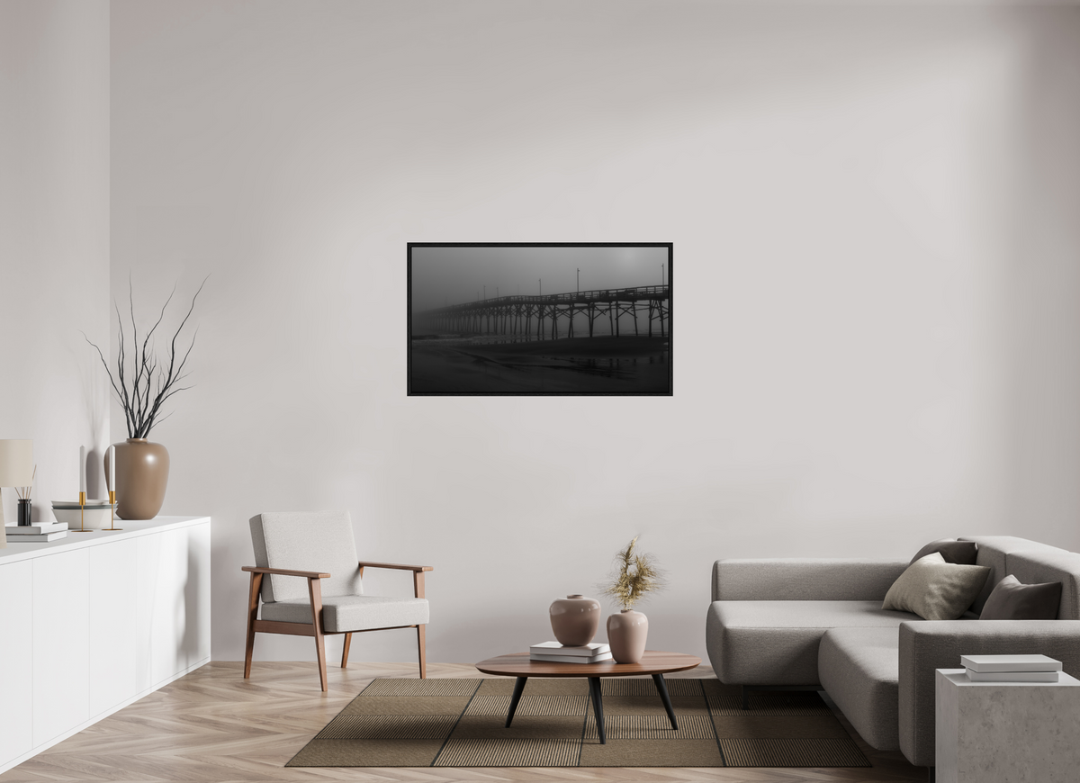 49 x 27.6″, Floater Frame Foggy Oak Island Pier