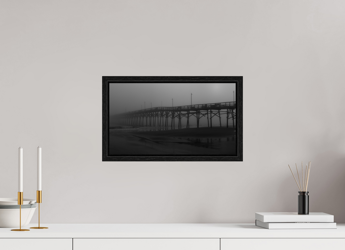 16 x 9″, Floater Frame Foggy Oak Island Pier