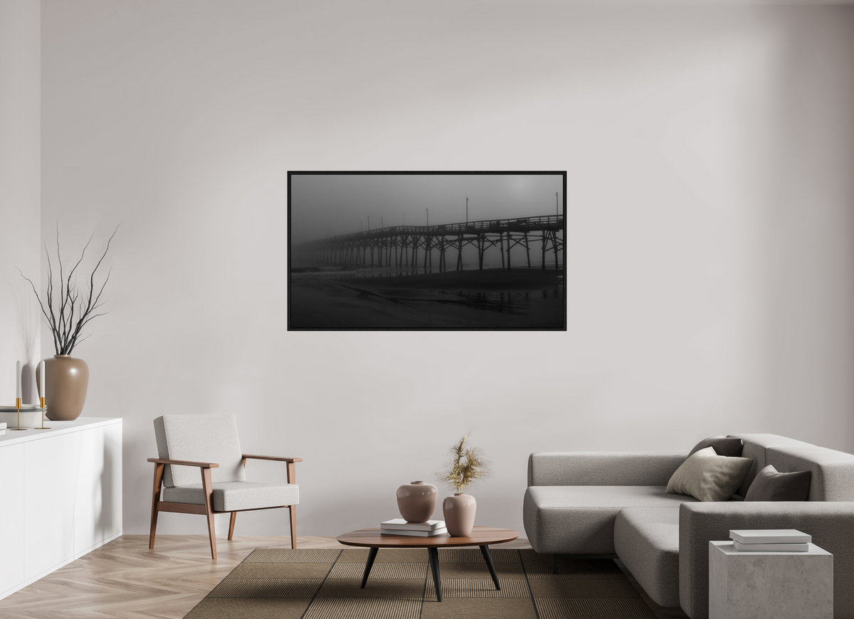 64 x 36″, Floater Frame Foggy Oak Island Pier